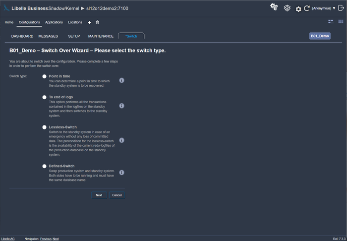 Libelle BusinessShadow frontend shows the switchover phase with switchover assistant