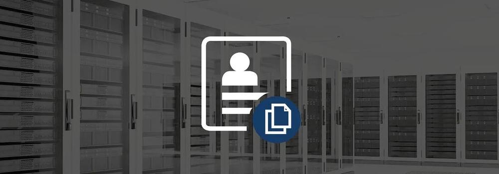Server room with icon of a client copy in the foreground 