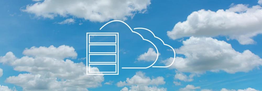 Cloudy sky with icon of a white cloud server in the foreground 