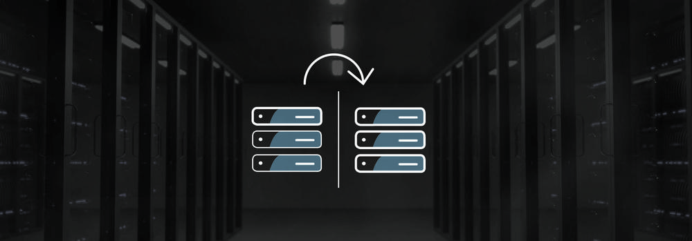 Server room with icon in the background showing the process of a system copy