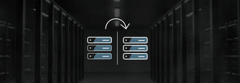 Server room with icon in the background showing the process of a system copy